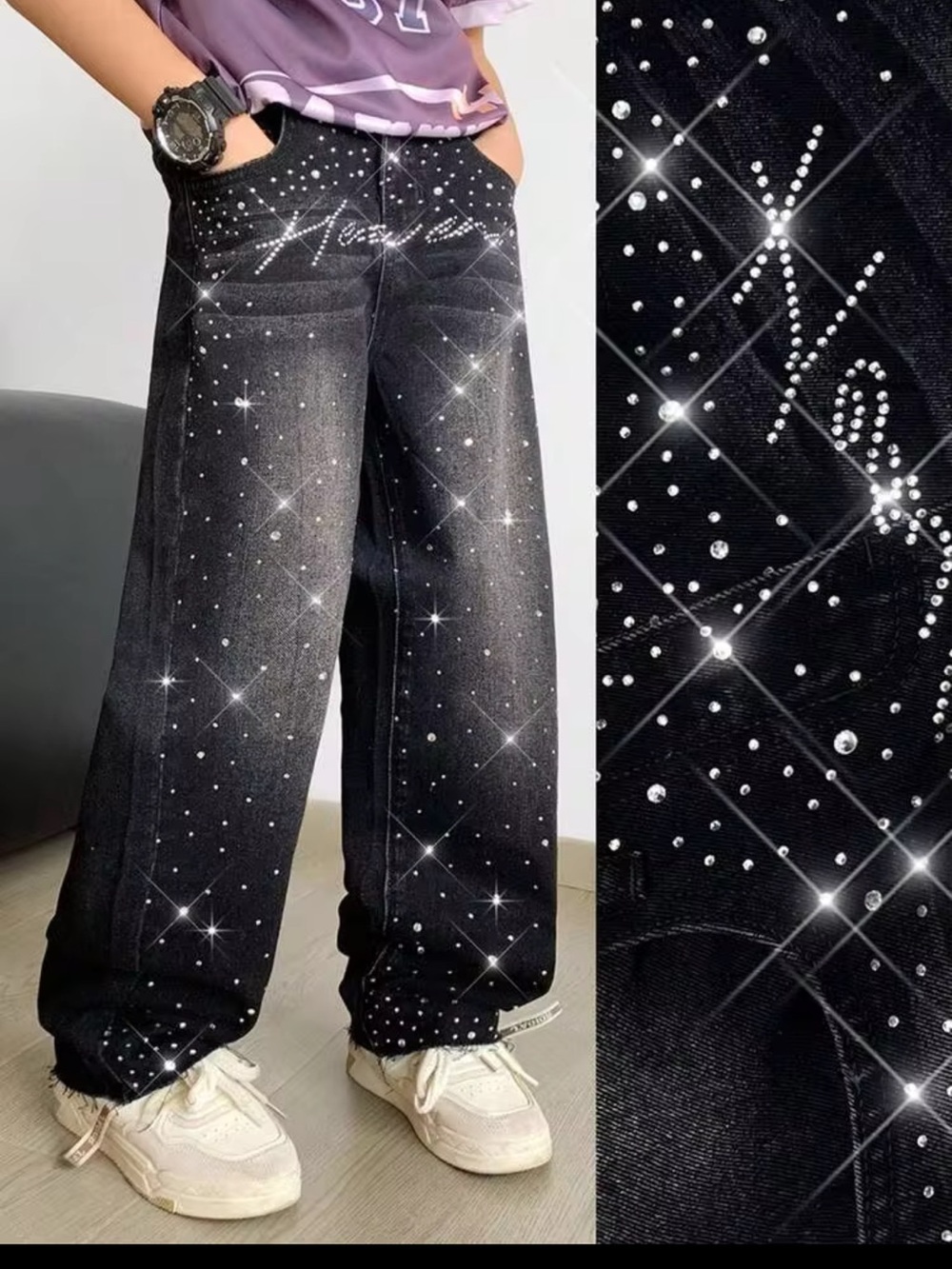SHEIN Black Denim Rhinestone-Studded Wide Leg Kids Pants